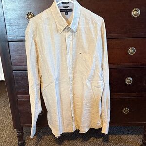 Tommy Hilfiger Men's Linen Tan Button Down Shirt Size Large